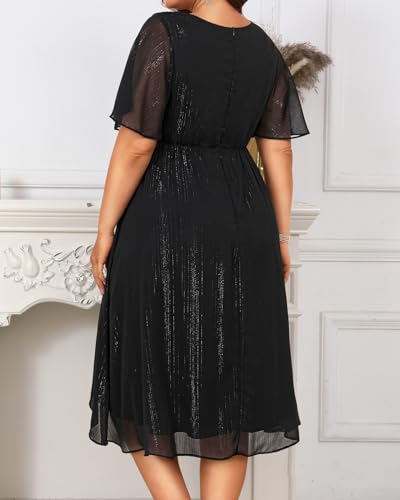 Image of Talisea Plus Size Cocktail Dress - Formal Wedding Guest Fall Long Sleeve A Line Pleated V Neck Midi Dresses for Curvy Women