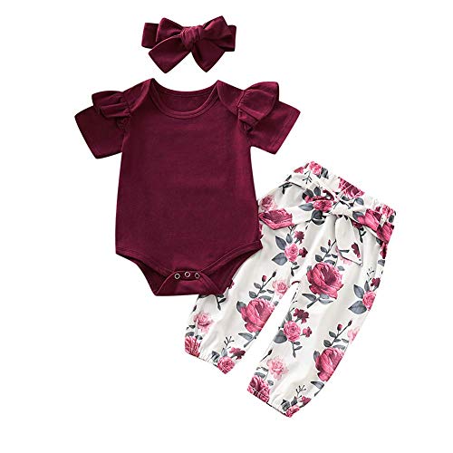 WangsCanis Neugeborene 3 Stück Babykleidung Set Baby Mädchen Kleidung Body Strampler Rüschen Bodysuit Blume Hosen Stirnband Kleinkinder Outfits Set (Weinrot Kurzarm, 0-6 Monate)