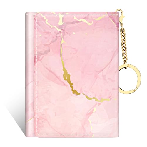Image of Rouidr Womens Wallet, Small Slim RFID Card Wallets for Women, Cute Front Pocket Trifold Leather Card Organizer with 7 Slots & ID Window, Peach Pink Marble