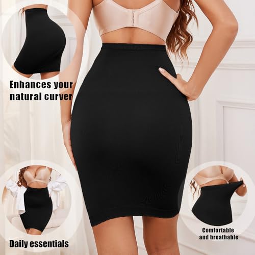 KOEMCY Shapewear Damen Hohe Taille Butt Lifter Miederröcke Nahtlose Sexy Elegant Unterröcke Figurformend Unterrock Halbrock Bauch Weg Halb Full Slip (Schwarz/XL)