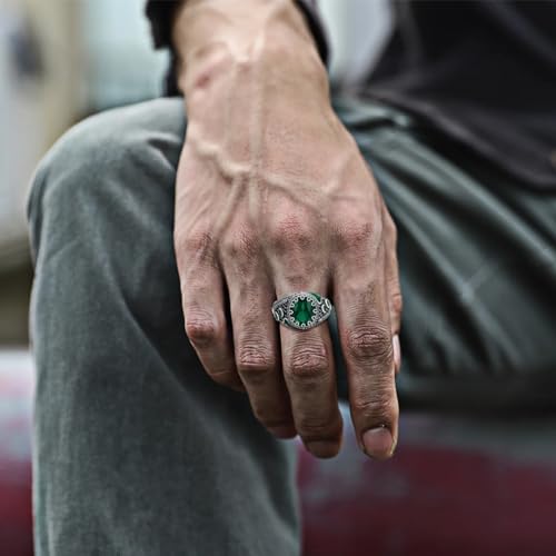 Sterling Silver Round Emerald Gemstone Ring for Men Vintage Retro Jewelry for Men Emerald Ring Gift for Men Boy Dad Him2