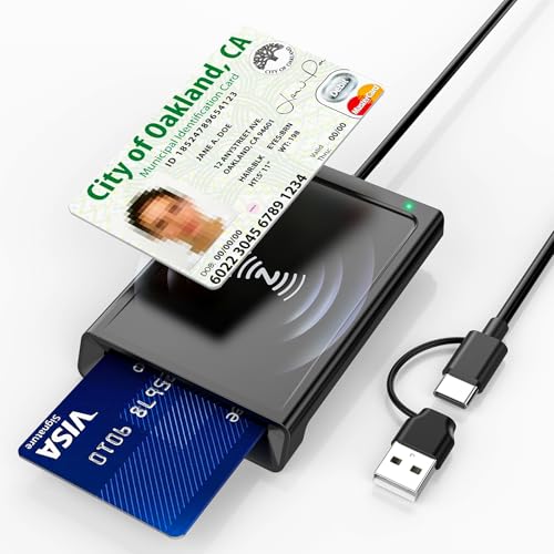 Smart Card Reader with NFC CAC Reader for DOD Military Common Access 2-in-1 Contact & Contactless ID and Bank Chip Card Reader Built-in USB-C with USB-A Adapter for Windows MacOS Linux