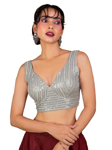 Image of FIGURE'S DESIGNER Women's Sequin Embroidered SabyaSachi Cut Sweetheart V Neck Sleeveless Readymade Saree Blouse E30