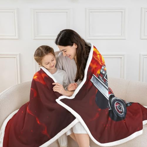 Image of Firefighter Truck Sherpa Blanket - Firemen Car Vehicle Fleece Throw for Bed, Couch, Sofa - Children Bedroom Decor Fire Engine Pattern Plush Red Fuzzy Twin 60 inchx80 inch