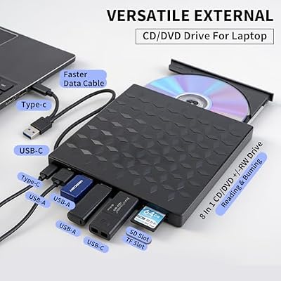 External DVD/CD Drive, DVD Player for Laptop 8 in 1, Portable CD Burner +/-RW Drive, CD Player for ROM Rewriter Burner, Compatible with Laptop, Desktop PC, Windows MacBook Linux Mac OS (8 in 1)