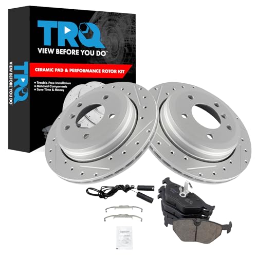 Image of TRQ Performance Rear Brake Pad and Rotor Set Ceramic Coated Drilled Slotted Compatible with 2001-2005 BMW 325xi