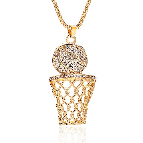 YOOESTORES82 14k Gold Basketball Chain Necklace, Hiphop Rhinestone Hoop Sports Pendant With Necklace