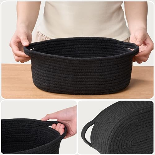 Image of 2 Pack Small Woven Gift Basket Empty with Bag & Ribbon - Gifts for Mom, Baby Shower, Birthdays & Raffle - Cotton Rope Storage Basket for Dog Toys or Shelf - 12 inchx8 inchx5 inch, Black