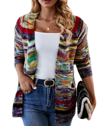 CORIRESHA Women's Open Front Colorful Striped Long Sleeve Pockets Loose Sweater Cardigan