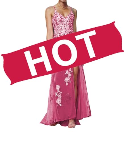 Image of Long Spaghetti Straps Tulle Mermiad Prom Dress V Neck Lace Appliques Formal Dress with Slit SF203