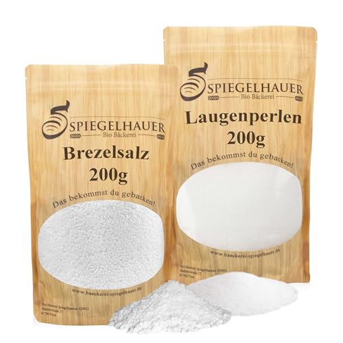 Bäckerei Spiegelhauer Set für Laugengebäck I Brezellauge und Brezelsalz I Laugenperlen 200g + Brezelsalz 200 g
