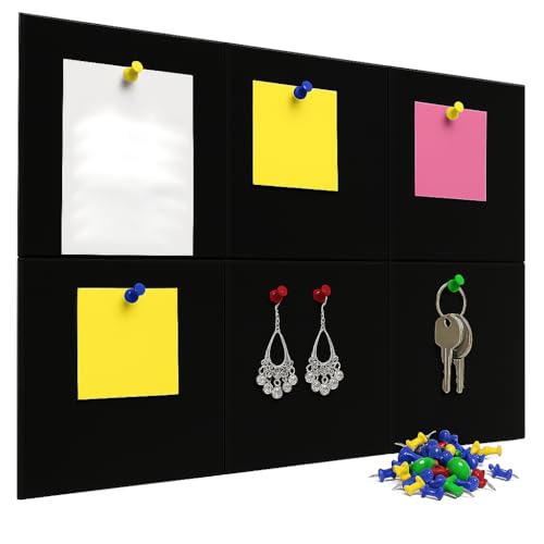 Image of KRENZ Self Adhesive (30 X 30 CM) Bulletin Notice Board with 25 Drawing Pins Multi Purpose Notice Board for Home Office School Message Board for Notes Photos Jewelry Wall Board (Pack of 6, Black)