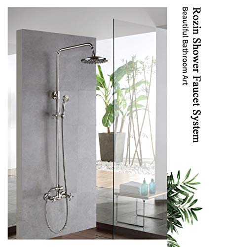Rozin Bathroom 2 Cross Knobs Mixer Shower Combo Set 8-inch Rainfall Shower Head with Handheld Spray Brushed Nickel