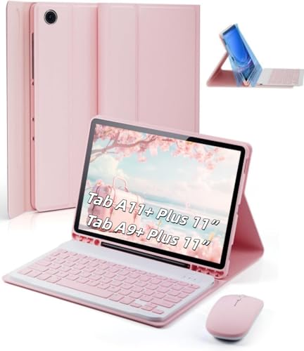 TUNKARMOR Case Keyboard for Samsung Galaxy Tab A9+ / A11+ Plus 2023/2025 11 Inch - Mouse and Detachable Magnetic Keyboard, Slim Case with S Pen Holder, Auto Sleep/Wake (Pink)