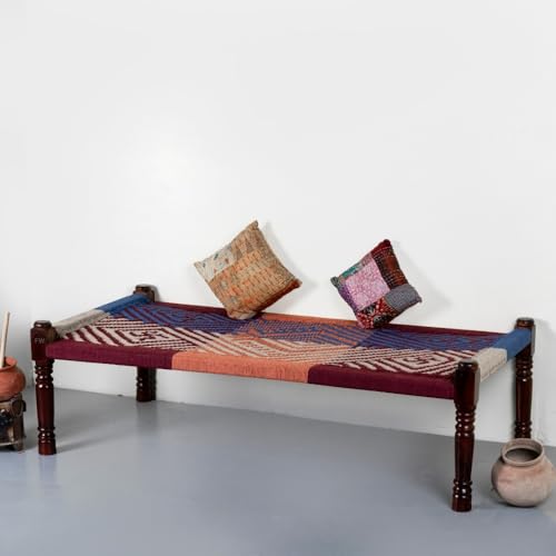 Image of Solid Sheesham Wood Charpai Khat | Handcrafted Daybed Khatiya Charpai with Cotton Rope | Traditional Khat Bed Wooden Diwan Cot for Living Room | 6X3 Feet (Dori 17)