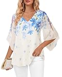 Bebonnie Cute Summer Tops for Women: Floral Blouses Chiffon Wrinkle Free - Spring 3/4 Length Sleeve Flowy Tops - Elegant Lightweight Womens Blouses for Work Professional Multi Blue M