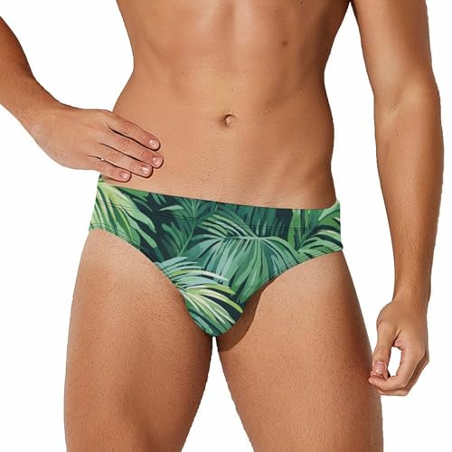 Palm Pattern Plants Printed Swim Briefs for Men Sexy Bikini Swimwear Elastic Beach Trunks Bathing Suit
