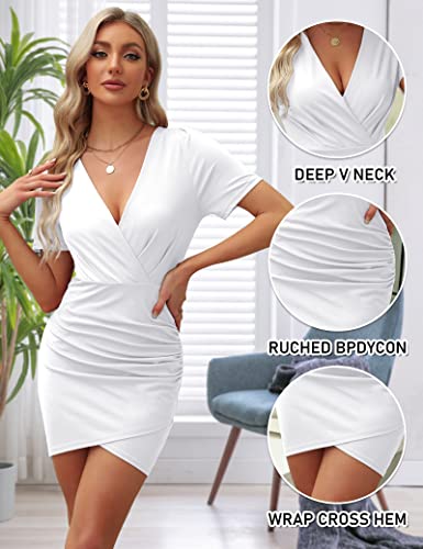 Sarin Mathews Womens Deep V Neck Bodycon Mini Summer Dress Short Sleeve Ruched Wrap Sexy Club Party Cocktail Dresses White M #TOP3