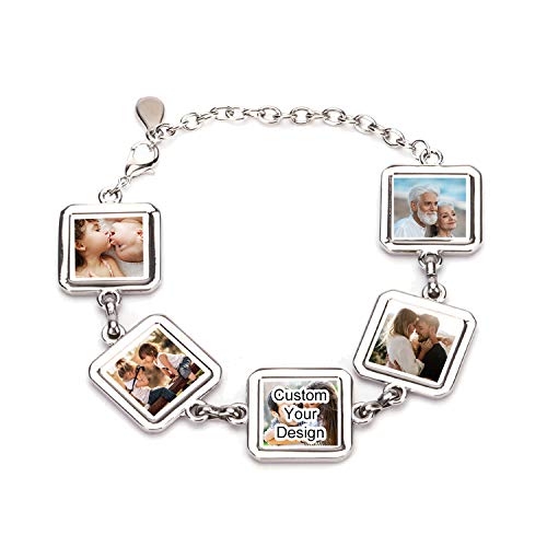 Custom Square 5 Photo Charm Bracelet with Picture, Fashion Personalized Jewelry Gift for Girlfriend, Sister, Friend, Family