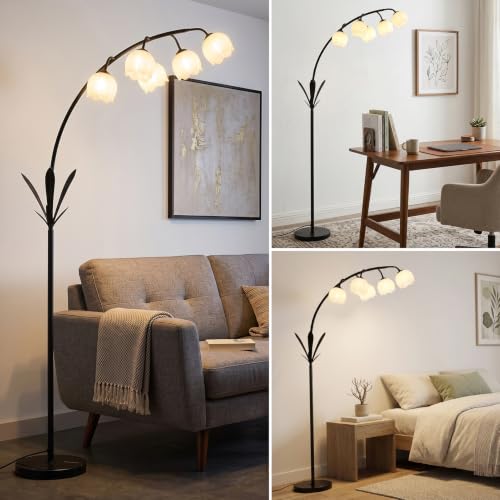 Image of HMVPL Black Floor Lamp for Living Room, Flower Floor Lamp with 5 G9 LED Bulbs, Foot Switch, Arc Standing Lamp with Acrylic Shade,Marble Base, Cute Tall Lamp for Living Room Corner Bedroom Reading Home