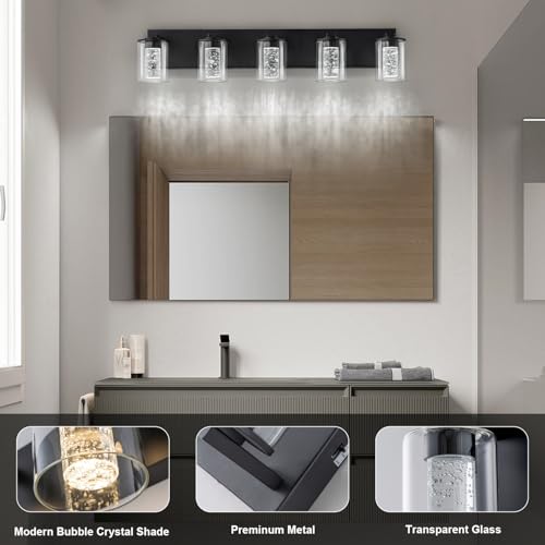 Image of SineRise Bathroom Vanity Light with 3 Color Modes (3000K /4000K /6000K), Eye Protection LED Bathroom Light Fixture, Dimmable Modern Wall Light Over Mirror with Clear Glass Shade (Black, 5-Light)