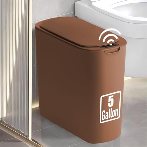 Image of TIPGO 5 Gallon Motion Senor Bathroom Trash Can with Lid, Automatic Garbage Can Touchless, Smart Plastic Waste Basket for Narrow Spaces, Bathroom, Office, Bedroom, Living Room (Brown)