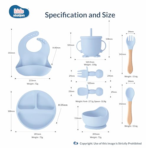 Image of Kids Station 8-Piece Silicone Baby Feeding Set | Suction Bowl, Plate, Bib, Cup, Spoon & Fork | 100% Food Grade BPA-Free Silicone | Non-Slip, Easy to Clean (Pack of 8, Blue)
