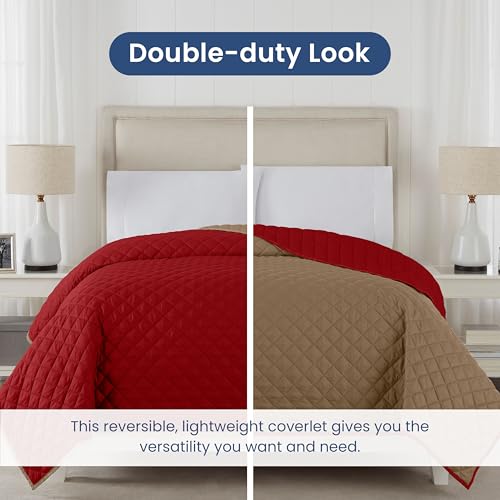 Image of Martex Reversible Coverlet - Full Queen Size Quilt - Lightweight Full Size Bedding- Durable Queen Size Quilts for Bed - Soft - Easy Care Bedding - Khaki /Red