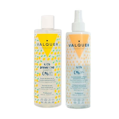 Valquer Pack Infantil Preventivo Fórmula Zero Champú 400 ml y Acondicionador Bifásico 300 ml. Protege, Hidrata y Suaviza el Cabello de los Niños con Aceite de Árbol de Té y Aceite Esencial de Limón