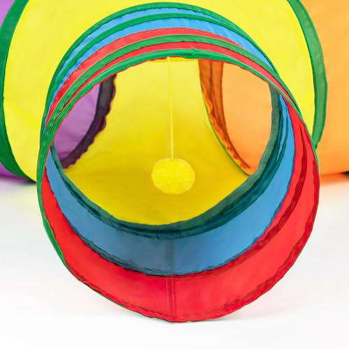 Image of Tempcore Cat Tunnel for Indoor Cats, 3 Way Collapsible Pet Play Tunnel with Teaser Wand, Peek Holes & Hanging Ball, Interactive Tube for Kittens & Rabbits, Rainbow