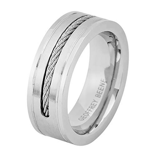 Geoffrey Beene Mens Comfort Fit Cable Wire Inlay Stainless Steel Ring Wedding Band, Silver