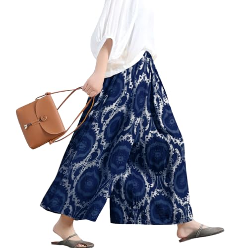 Image of chouyatou Women's Loose Floral Printed Cotton Crop Pants Elastic Waist Wide Leg Palazzo Trousers