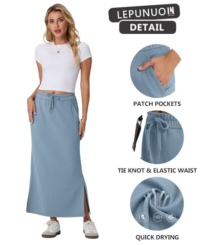 Image of Lepunuo Women's High Waisted Sweat Maxi Skirt with Pockets Slit | Ultra Soft Sweat Fabric, High Waist Drawstring, Deep Phone Pockets, Side Slit for Movement, Ideal for Lounge Travel