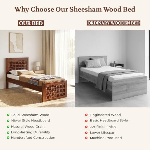 Image of WOODLAB Furniture Sheesham Wood Single Size Bed Without Storage and with Niwar Style Headboard | Wooden Single Cot Bed Palang for Home Living Room Bedroom and Hotel (Honey Finish)
