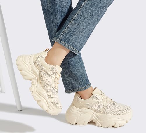 Image of K KIP WOK Chunky Sneakers for Women Fashion Platform White Leather Casual Dad Shoes Comfortable Wedge Walking Sport Sneakers | White Leather Casual Dad Shoes Comfortable Wedge Walking Sport Sneakers