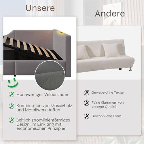 LuxeLiving Polsterbett 90x200 cm Tagesbett, Bettgestell mit hydraulischem Stauraum, Leselicht, Ladefunktion, Jugendbett Kinderbett Einzelbett Schlafsofa mit Lattenrost, Grau, Ohne Matratze