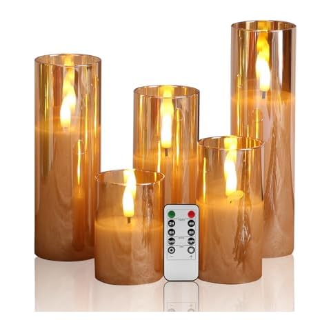 Eywamage 5 Pack Gold Glass Flameless Candles with Remote, Flickering Slim Tall LED Pillar Votive Candles Battery Included Cover