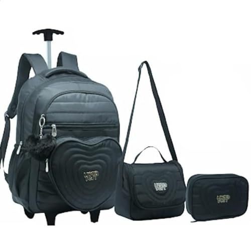 Kit Mochila De Rodinhas Escolar Juvenil Feminina Coração 3 Peças (Preto)