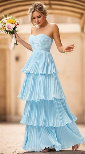 Long Chiffon Women's Bridesmaid Dresses Ruffle Tiered Formal Evening Gowns Pleated Wedding Guest Dress3