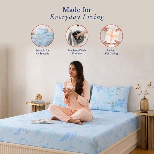 Image of Jaipur Weaves Queen Size Fitted Bedsheet Cotton with Elastic, 100% Pure Cotton Double Bed Fitted Sheet with 2 Pillow Covers, 240 TC, 60x78 Inches up to 8-inch Mattress, Floral Design - (Aqua Floral)