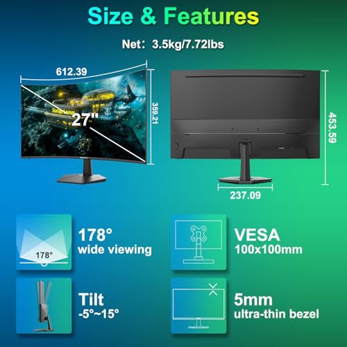 undefined SANSUI Curved Monitor 27 inch 100Hz USB Type-C Computer Monitor with Speakers Built in丨FHD 1080p丨HDR丨110% sRGB丨1500R丨VESA Compatible,for Tablet,Desktop,Laptop and PC Work Gaming の商品画像 7