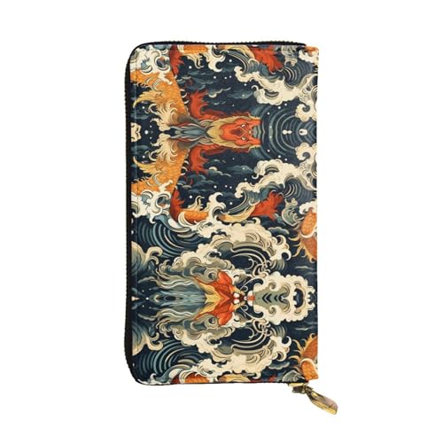 Stylish fish leap dragon gate Pattern Leather Wallet - Long Clutch for Women, RDurable Material, 12 Card Slots, Zipper Compartments