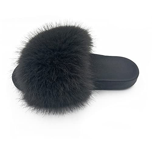Image of Women's Faux Fur Slides Slippers Fluffy Fuzzy Sandals Open Toe Furry Slide Flip Flop Indoor Outdoor