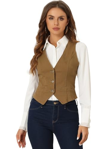 Allegra K Women's Denim Vest Waistcoat Button V Neck Western Casual Jean Sleeveless Crop Jacket