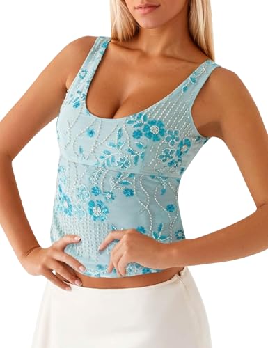 Women Y2k Sparkly Sequin Tank Tops Pearl Rhinestone Beaded Top Low Cut Scoop Neck Open Back Floral Crop Tops Party Blue