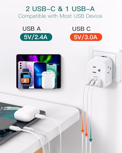 European Travel Plug Adapter, International Power Plug Adapter with 3 Outlets 3 USB Charging Ports(1 USB C), Travel Essentials to Italy,Greece,Israel,France, Spain (Type C) image 6