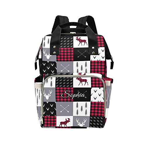 Eiis Unidesign Plaid Deer Woodland Personalized Diaper Bag Backpack with Name,Custom Tote Bag Travel DayPack for Nappy Mommy Baby Boy Girl