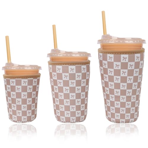 Image of Reusable Insulated Neoprene Iced Coffee Cup Sleeve, Durable Drink Sleeve for Cold Beverages, Beverage Holder for Iced Coffee, Caramel Checkered Bows