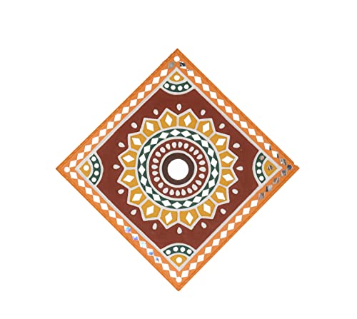 Image of Ethnics of Kutch Traditional Kutch Handicraft Mud-Mirrorwork Lippan Kam Wall Art (Water and Break Resistant) - Square (12 inch x 12 inch) - (Orange - LKT-0214)