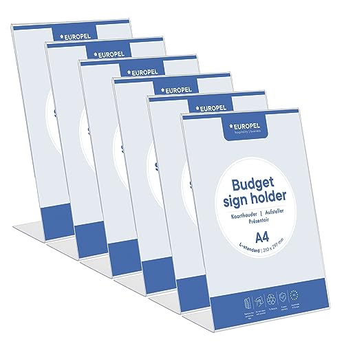 Europel Budget Présentoir de table, Pack de 6 pièces, Base L, format A4 Portrait, Polystyrène limpide 1,5mm, menu, carte de prix, affichette, pour...